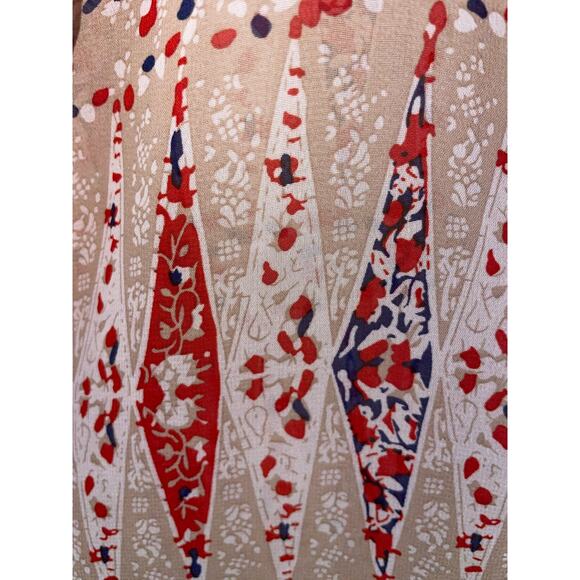 Tulle short sleeved top Medium Tan/Navy/Red colors beautiful tulle insert - Picture 9 of 14